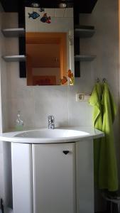 La salle de bains est pourvue d'un lavabo blanc et d'un miroir. dans l'établissement Ferienwohnung mit Garten und Spielplatz, à Klingenthal