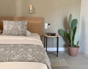 um quarto com uma cama e um vaso de plantas em StayMenorca Escapa a la naturaleza em Son Parc