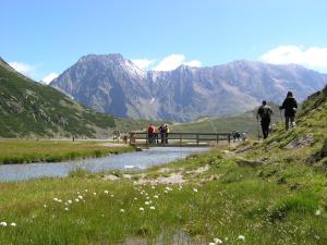 a group of people walking on a bridge over a river at Ferienwohnung Bergland in Sankt Leonhard im Pitztal +14 photos