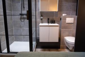 y baño con ducha, lavabo y aseo. en City Stay&Go Enschede en Enschede