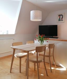 a dining room with a table and chairs and a tv at Alte Stellmacherei - Ferienwohnung 2 in Riepsdorf