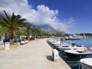 a group of boats docked in a harbor with a mountain at Holiday Home Stara Lipa in Baška Voda
