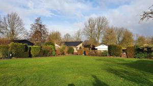 a yard with a house and a green lawn at Luxe vakantiebungalow Rust, Ruimte en Privacy in Dirkshorn