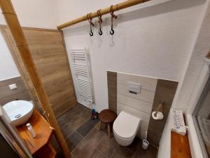 a small bathroom with a toilet and a sink at elephants Ferienhaus Haus West in Jahnsdorf +37 photos