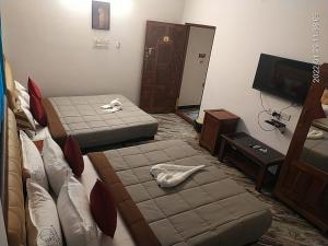 a hotel room with two beds and a television at VILLA DE SRIVAARI RESIDENCY in Pondicherry