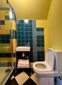 a bathroom with a toilet and a shower at Art Hostel in Leeds