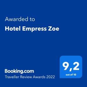 Un certificat, premiu, logo sau alt document afișat la Hotel Empress Zoe