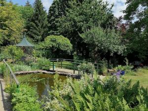a bridge over a pond in a garden at fewo-loh4-sinsheim in Sinsheim
