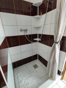 una doccia con pareti piastrellate in marrone e bianco di Katalin Apartmanház a Miskolctapolca