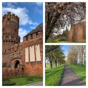 4 fotos diferentes de un edificio y una torre en Ferienhaus LiebensWert an der St Stephan Kirche Tangermünde, en Tangermünde