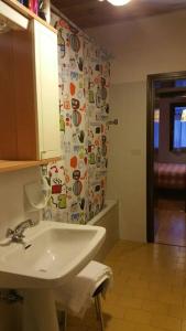 a bathroom with a sink and a shower curtain at MirarMonti nel cuore di Pozza con i tuoi animali in Pozza di Fassa