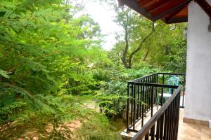 a view of a garden from a balcony of a house at Chipmunk Home Stay in Anuradhapura