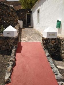 einen roten Teppich für eine Party mit zwei weißen Schachteln in der Unterkunft Centro Ave Fénix in Femés