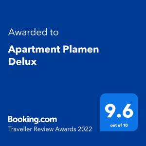 Certifikat, nagrada, logo ili neki drugi dokument izložen u objektu Apartment Plamen Delux