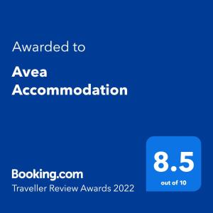 Certifikát, hodnocení, plakát nebo jiný dokument vystavený v ubytování Avea Accommodation