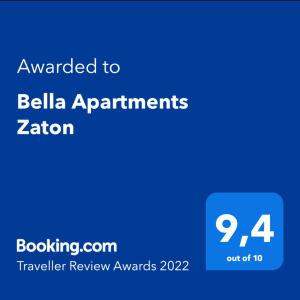 Certyfikat, podpis lub inny dokument wystawiony w obiekcie Bella Apartments Zaton