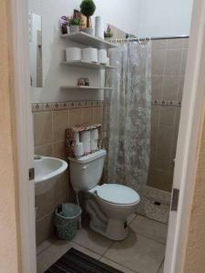 y baño con aseo, lavabo y ducha. en La Casa Del Pinito, en Sonsonate