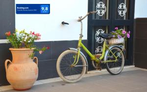 Una bicicleta estacionada junto a un jarrón de flores. en Rosa Vesuviana, en Boscoreale