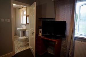 ein Badezimmer mit einem TV auf einer Kommode mit einem WC in der Unterkunft Adnans Hotel in Birmingham