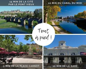 a collage of photos with a river and a bridge at L'Escapade - Parking Gratuit - WIFI - Climatisation - Proche Cité - Tout Equipée in Carcassonne