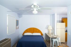 una camera con letto e ventilatore a soffitto di Dark Sky Suites a Westcliffe