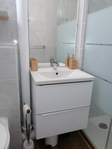 a white bathroom with a sink and a toilet at Chaleureux studio tout confort in Orléans