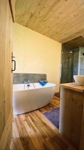 La salle de bains est pourvue d'une baignoire blanche et d'un lavabo. dans l'établissement Gîte ardennais Rogery - Yá-át-ééh Naşbaş, à Gouvy
