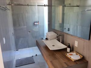 a bathroom with a sink and a shower with a mirror at Hotel CaLu 21 en La Laguna, Santa María del Oro in Santa María del Oro