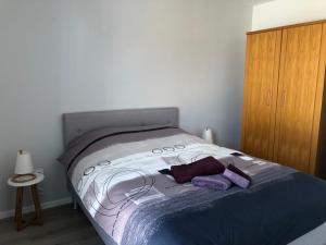 Una cama con almohadas moradas en un dormitorio en Appartement Magnîolia proche centre Ville, en Colmar