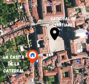 a map of a city with a marker and a city at La Casita De La Catedral a 50m de la Catedral in Santiago de Compostela