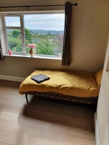 Schlafzimmer mit einem Bett und einem Fenster mit Aussicht in der Unterkunft Private 3 bedroom house ideal for family & friends in Killybegs