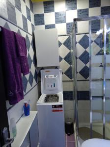 a small bathroom with a washer and dryer at boungalow Mena Playmar in San Bartolomé de Tirajana