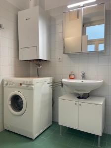 een badkamer met een wasmachine en een wastafel bij Gesamte Unterkunft für 4 Personen Top 3 in Wenen