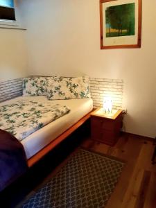 a bedroom with a bed with a lamp on a night stand at Ferienwohnung Mühlburger in Lienz