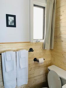 a bathroom with wooden walls and a toilet and towels at Attitude Montagne in Saint Adolphe D'Howard