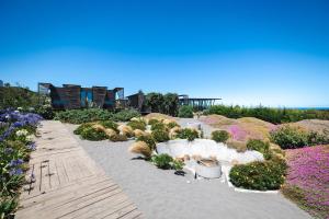 a garden with flowers and a wooden pathway at Taka Matanzas in Matanzas