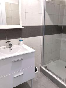 La salle de bains est pourvue d'un lavabo et d'une douche. dans l'établissement Résidence Celestins - Appartements centre avec parking, à Vichy