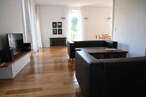 a living room with a couch and a tv at Kuhstall mit Schick in Geschendorf