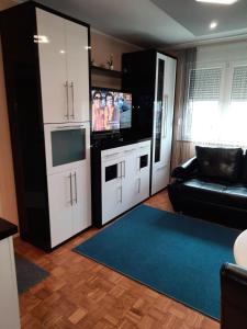 a living room with a black couch and a tv at Apartman Dominik in Zagreb