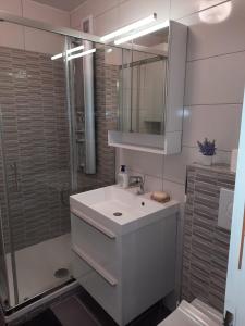 a white bathroom with a sink and a shower at Apartman Dominik in Zagreb