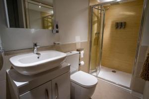 a bathroom with a toilet and a sink and a shower at Magnolia House, Rye in Rye