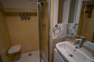 a bathroom with a shower and a sink and a toilet at Magnolia House, Rye in Rye