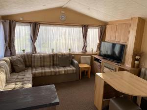 a living room with a couch and a flat screen tv at 2 and 3 Bedroom caravans with Hot Tubs at tattershall in Tattershall