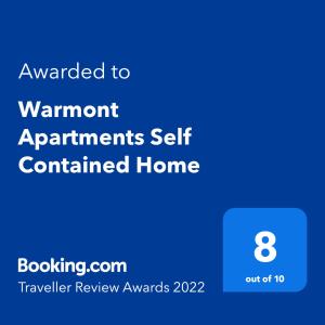 Certificat, premi, rètol o un altre document de Warmont Apartments Self Contained Home