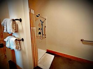 a bathroom with a shower and a walk in shower at Enchantment Lodges - 5 min walk to downtown in Leavenworth