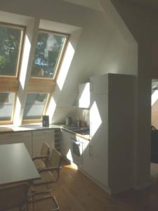 kuchnia z oknami oraz stołem i krzesłami w obiekcie Schrotboden w mieście Geschendorf