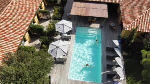 uma vista superior de uma piscina com guarda-sóis e pessoas a nadar em Villa Alivu di Calvi em Calvi