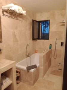 a bathroom with a tub and a shower and a sink at les Bartavelles in Roussillon