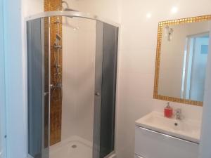 a bathroom with a shower and a sink at Apartament Oliwia in Grywałd