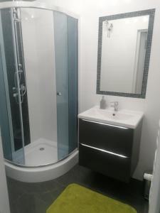 La salle de bains est pourvue d'un lavabo et d'une douche avec un miroir. dans l'établissement Apartament Oliwia, à Grywałd